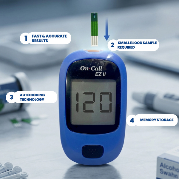 On Call EZ II Glucometer | On Call Glucometer with 10 free strips | On Call Glucometer with 5 years Warranty