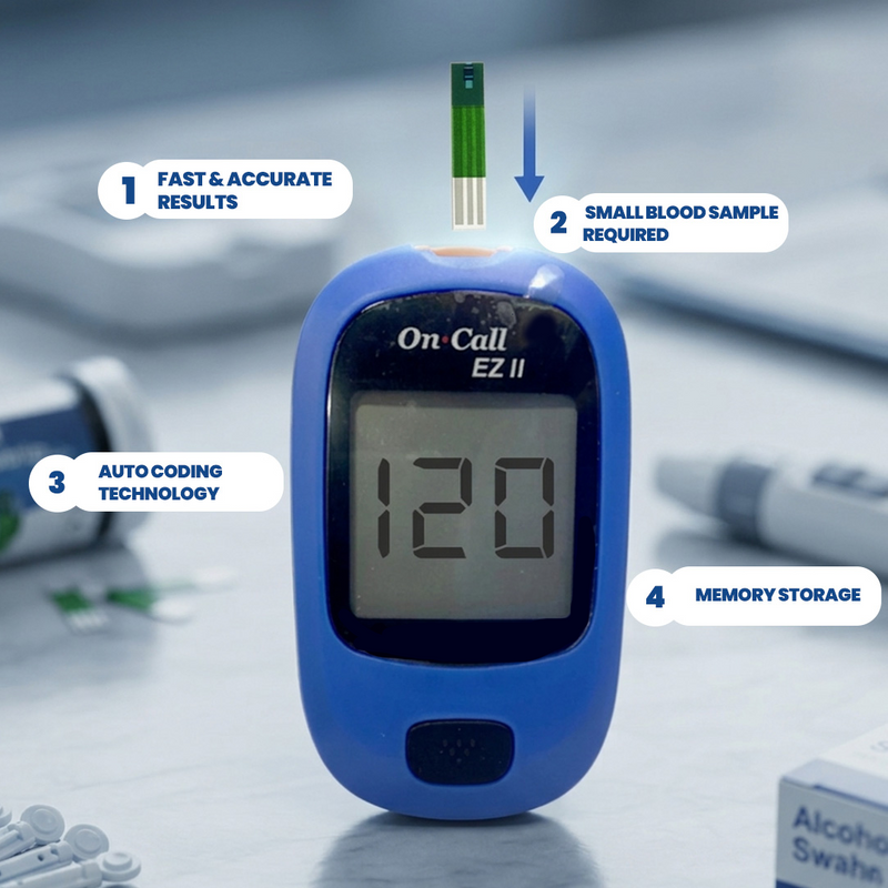 On Call EZ II Glucometer | On Call Glucometer with 10 free strips | On Call Glucometer with 5 years Warranty